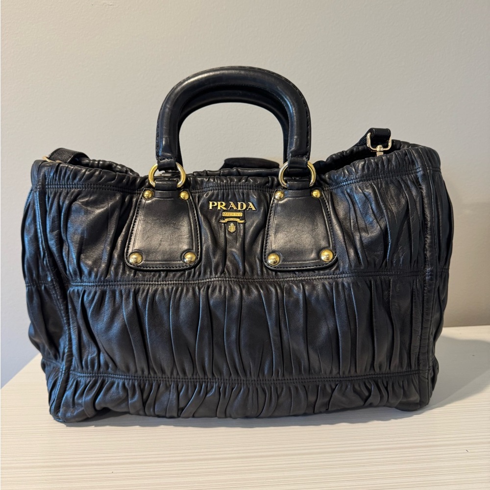 PRADA Black Ruched Shoulder Bag Gold Hardware Detachable Strap Inner Pockets